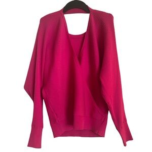 NWT Express Bold Pink Ribbed Knit Open Back Dolman Sleeve Banded Bottom Sweater